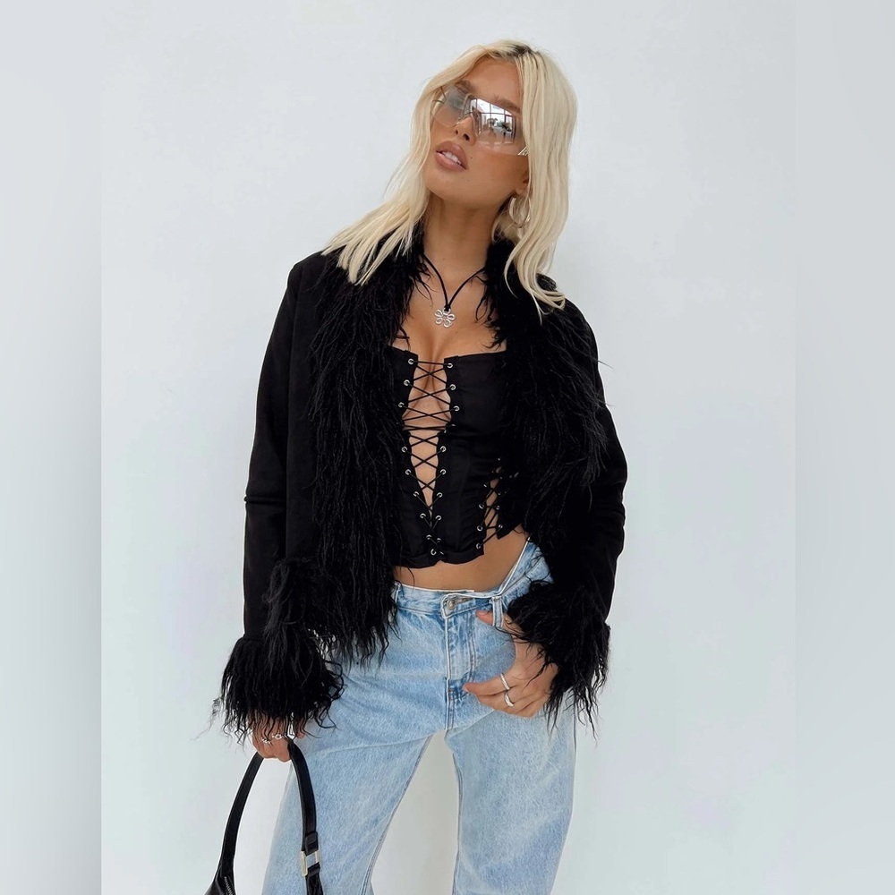 SOLD!!! Princess Polly Lowden Faux Fur Trim Faux Suede Jacket